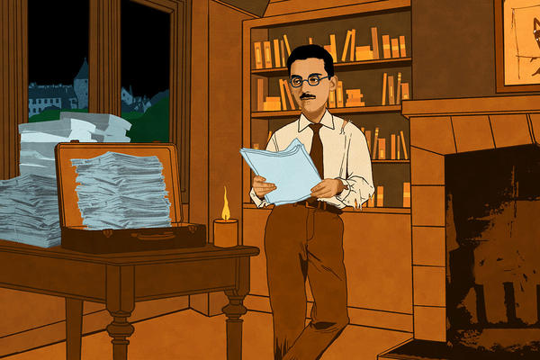 A cartoon of a man in glasses standing looking a papers, a suitcase on the desk is filling up with them