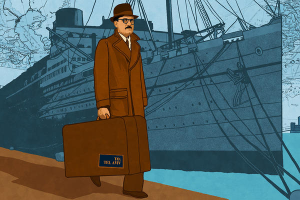 A cartoon of a man with a suitcase walking next to a liner, the suitcase has the label 'To Tel Aviv'