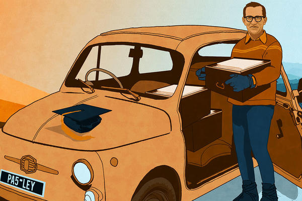 A cartoon of a man with a box of papers next to a white Fiat