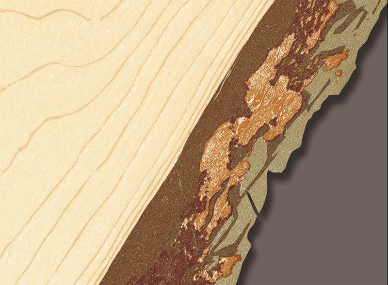 A detail of a book made from wood