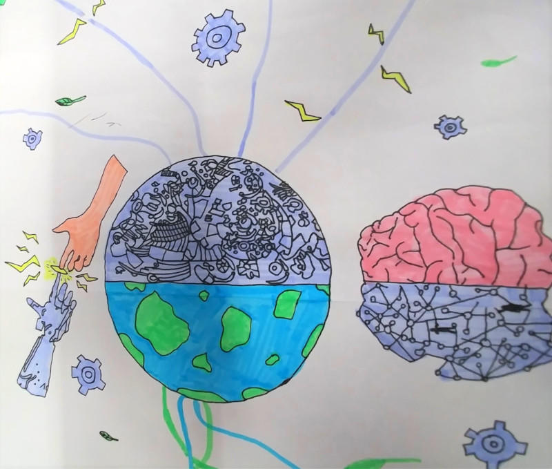 A colourful drawing of a human hand touching a metal robotic hand, a planet with one half made of grey machinery, and a brain with one half made of grey machinery