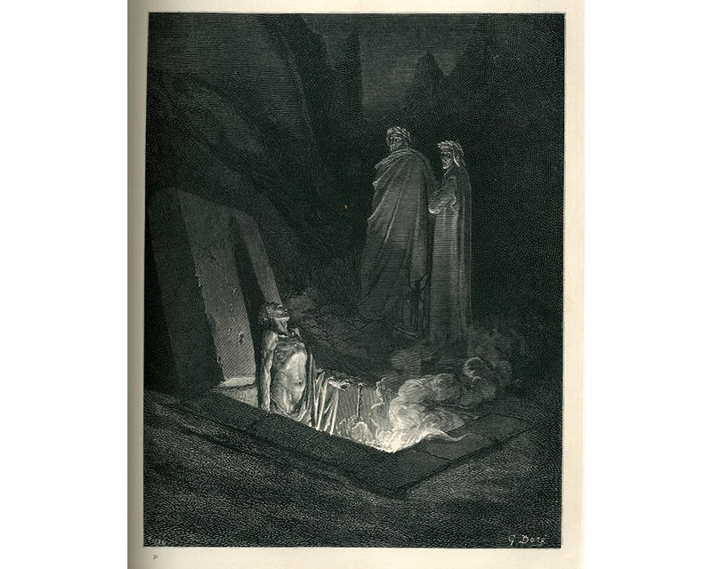 A black and white etching - a figure emerges from the ground whilst two bystanders look back