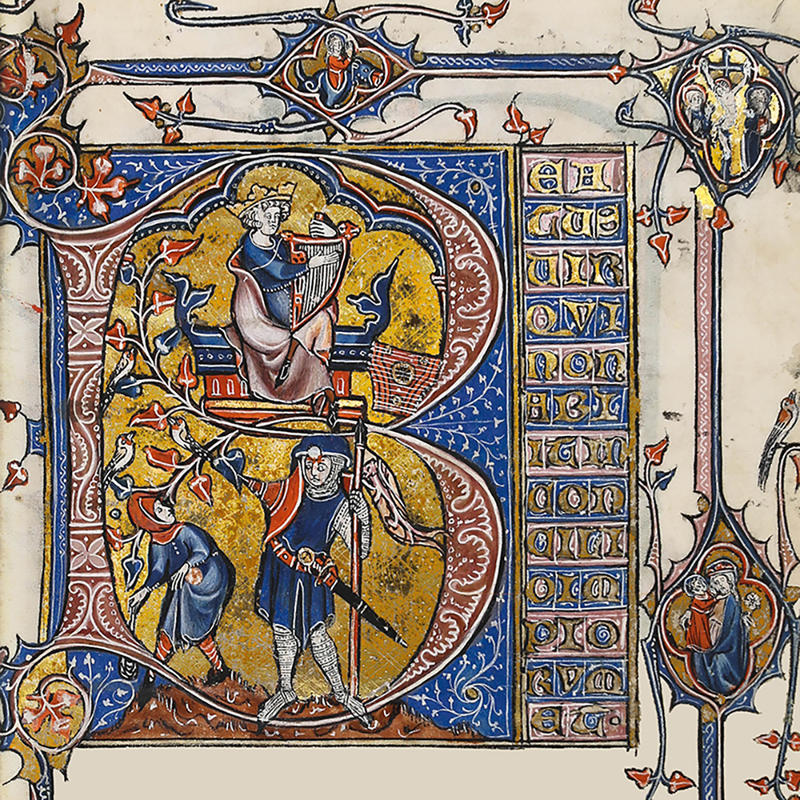 A detail of an illuminated manuscript showing an ornately decorated letter 'B'
