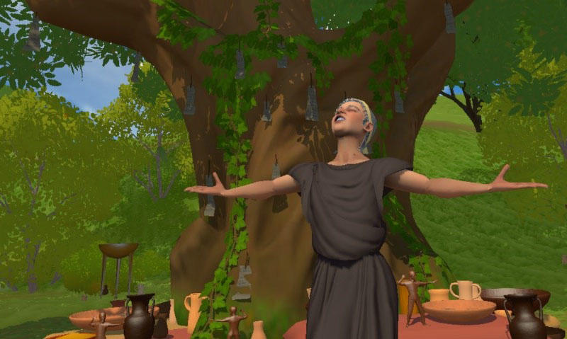 An image captured from a VR headset of a person in a brown chiton standing with their arms outstretched in front of a tree surrounded by offerings