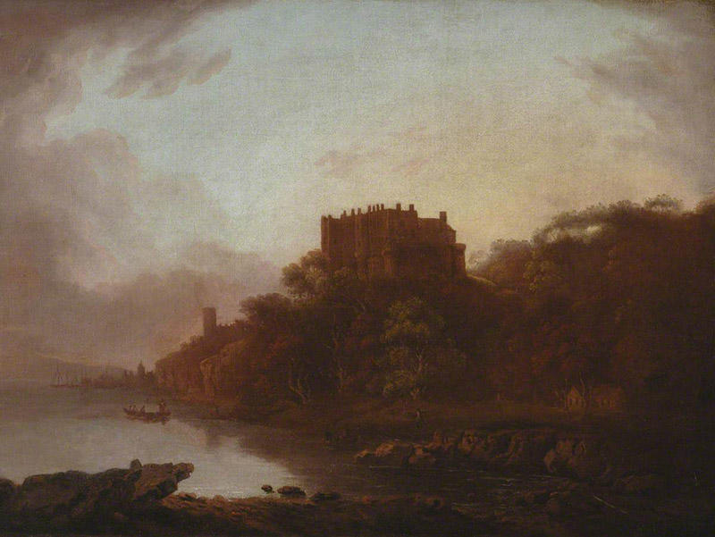 A dramatic landscape painting of a castle beside a lake by Mary Somerville