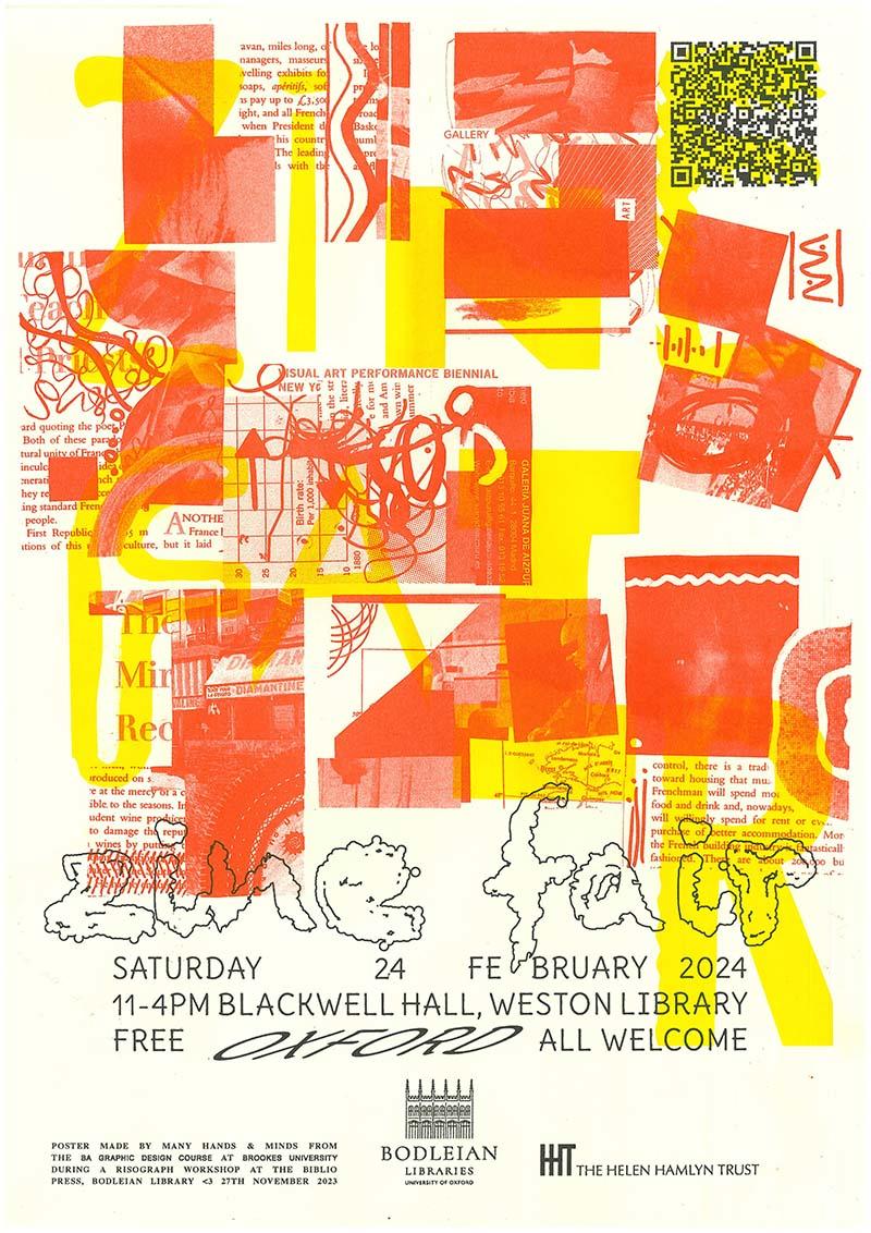 A collage of images and text printed in yellow and bright red, with the words 'zine fair' in bubbly writing