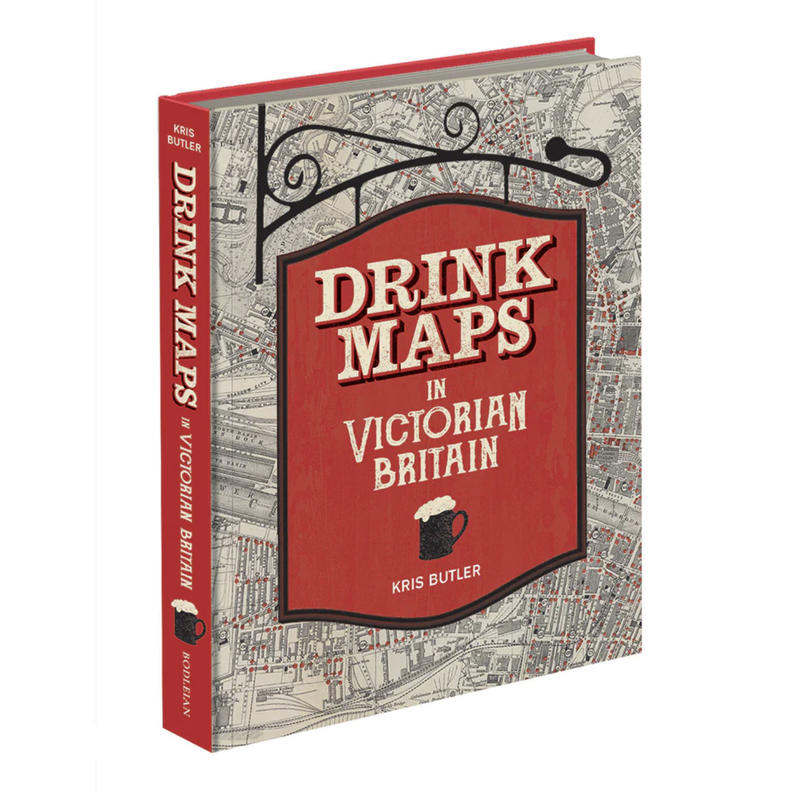 The frontcover of a book a red title pages in the design of a pub sign overlaid on a black and white map