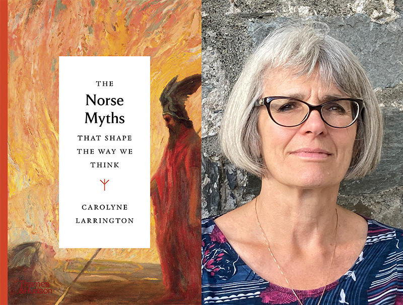 A composite image with a book jacket on the left and an author photo of Carolyne Larrington on the right