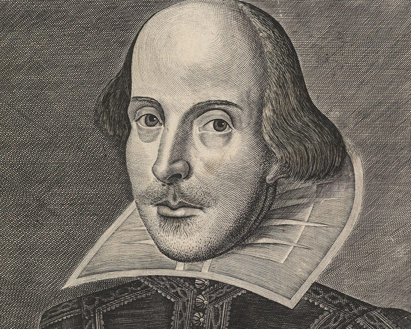 A black and white drawing of Shakespeare from the title page of the First Folio
