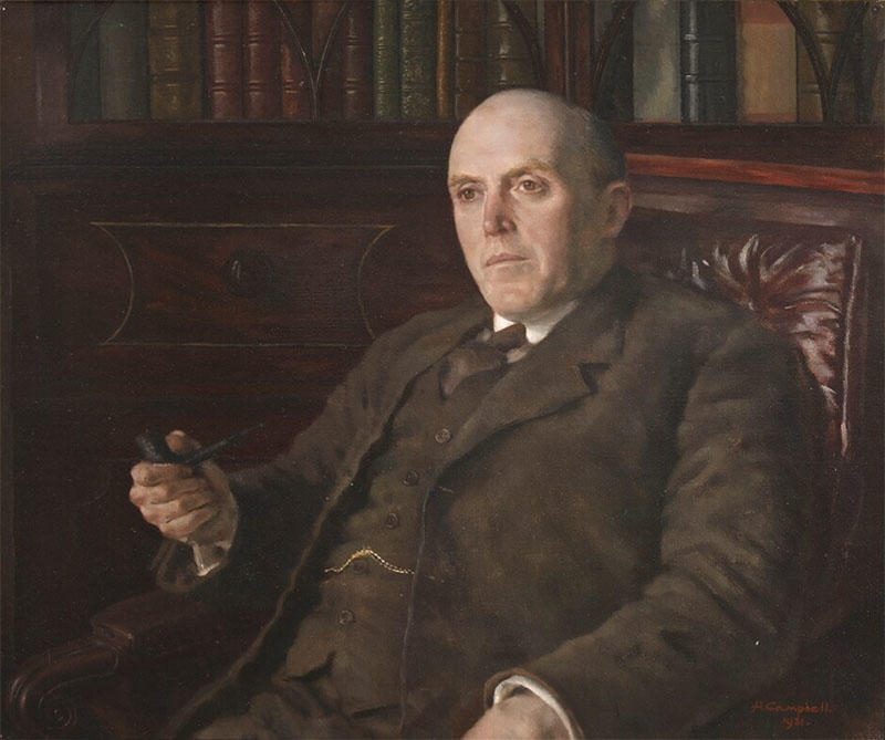 A painted portrait of a man sitting in a leather chair - he wears a tweed suit, and looks into the mid-distance. He holds a pipe in his right hand
