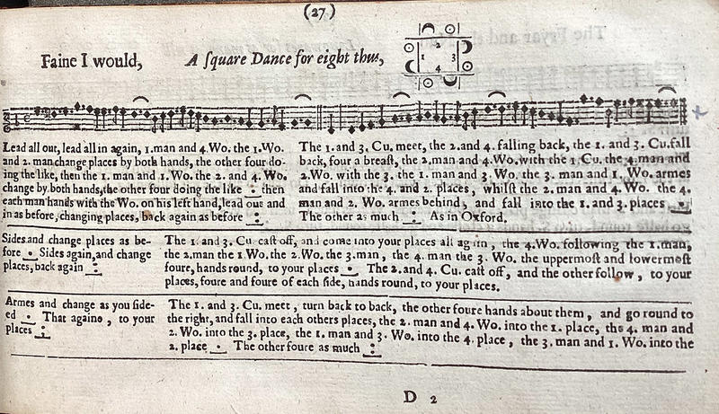 A page showing a line of music notation and underneath six dance instructions for Faine I would if I could