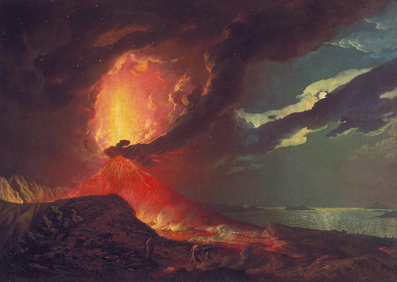 A painting of an erupting volcano in dramatic dark colours