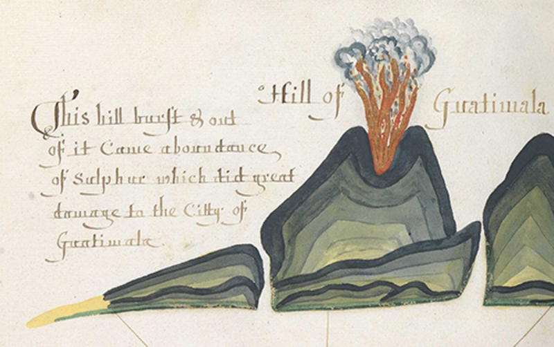 Illustration of an erupting volcano from a 17th-century manuscript with handwritten script around the illustration