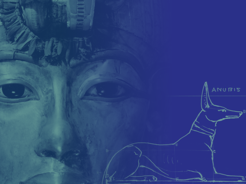 A portion of Tutankhamun's death mask and a sketched outline of Anubis facing right against a blue background