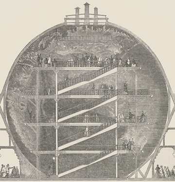 The front cover of the book 'Cartography: the ideal and its history' with a drawing depicting a globe and a scaffold in front with people climbing the steps to view the globe