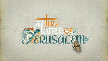 Painted artwork with the words 'The Matter of Jerusalem' in orange, white and teal