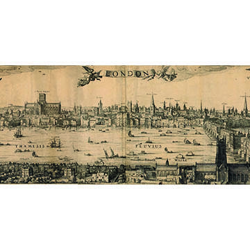 A illustration of sixteenth century central London - the river Thames and the St Pauls Cathedral