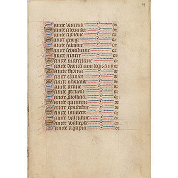A manuscript page: a list of text runs down the left with blue and red lines after each one