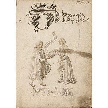 A drawing of a gentleman presenting a book to a lady