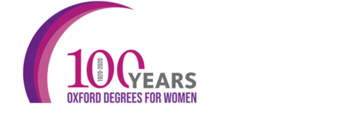 A logo image - a purple and pink semi circle with the text '100 years Oxford Degrees for Women' in the centre