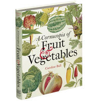 A book cover - the title is on a background of various fruits and vegetables including a melon, carrot, chilli, pomegranate and lettuce 