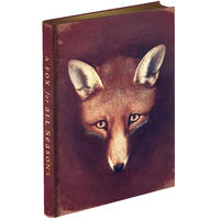 A book cover - an illustration of a fox's head on a dark read background