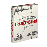 A 3D image of the book 'The Science of Life and Death in Frankenstein', featuring drawings of dissection tools and cadavers on the cover