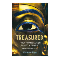 The front cover of 'Treasured: How Tutankhamun Shaped a Century' featuring a close-up of the eye of Tutankhamun's blue and gold death mask